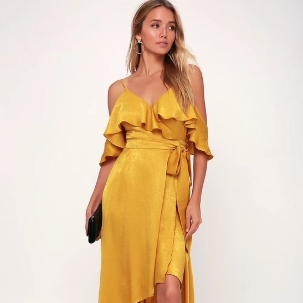 LULU'S LAYLA MUSTARD YELLOW SATIN OFF-THE-SHOULDER